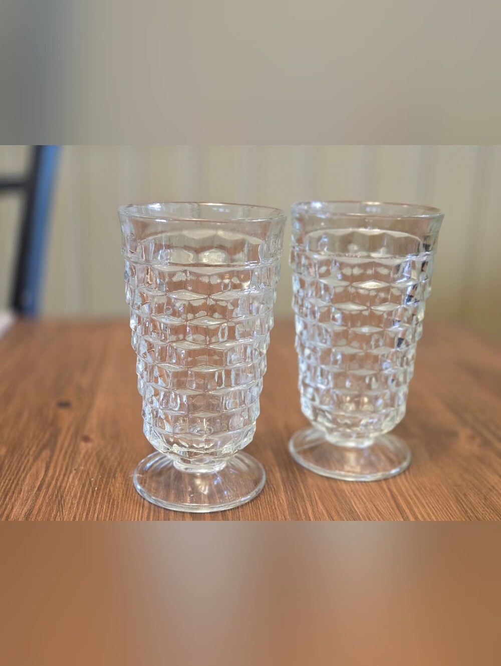 Vintage Indiana Glass Whitehall Clear Cubist Footed Tumblers - Pair